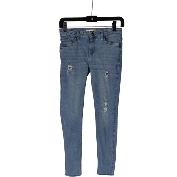 Mango Sz 2 Women's Blue Light Wash Distressed Frayed Hem Crop Skinny Isa Jeans - Picture 1 of 8
